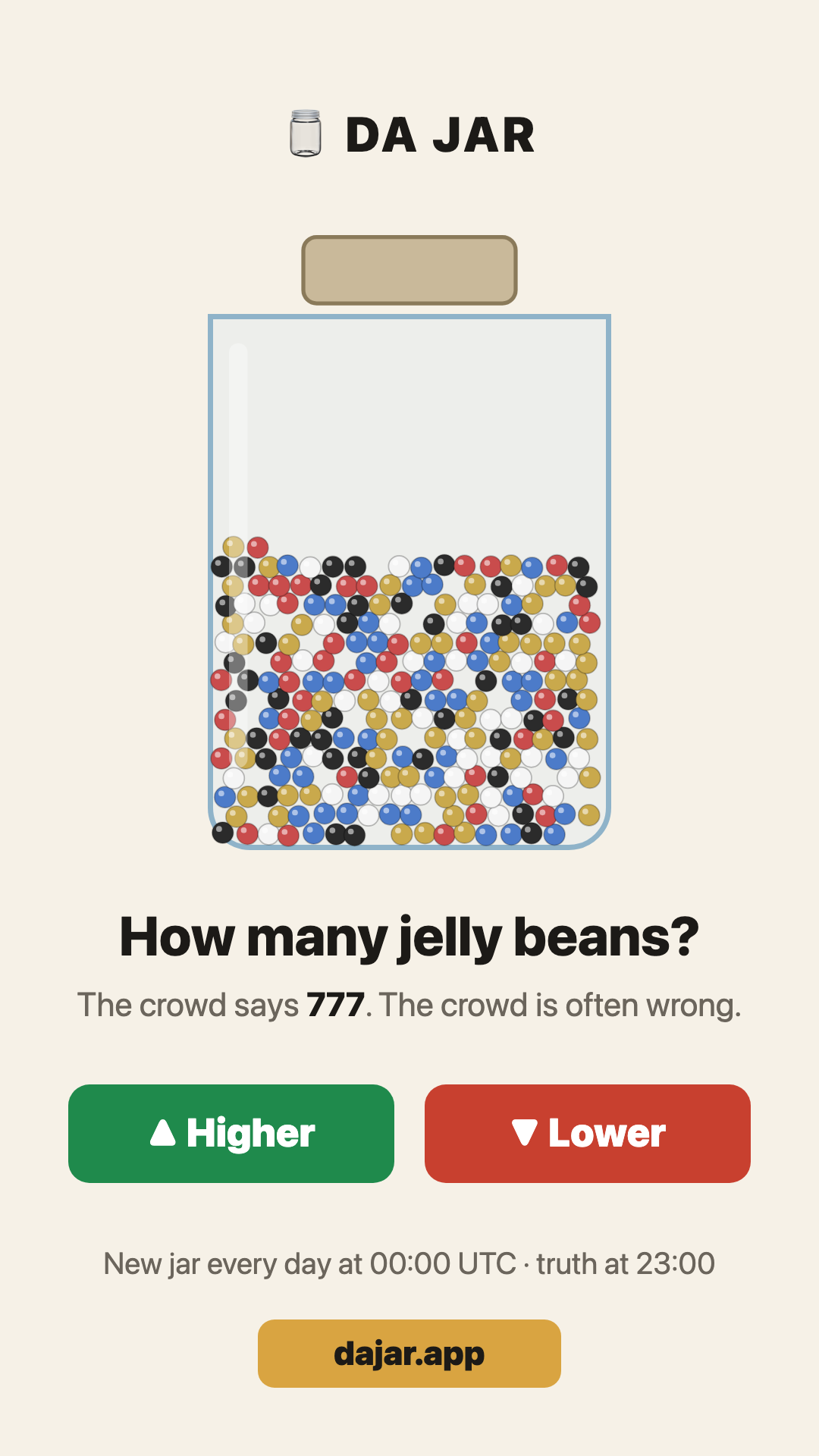 A jar of jelly beans with the question How many jelly beans and two buttons, Higher and Lower.