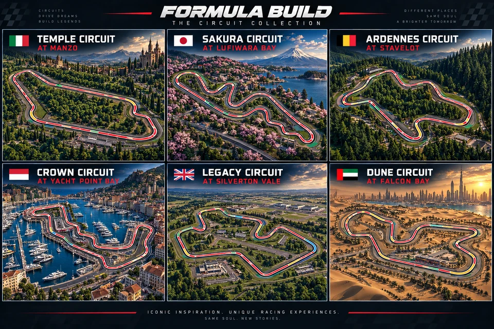 Formula Build's six circuit concept scenes, from Italian parkland and Mount Fuji to a marina and the desert.