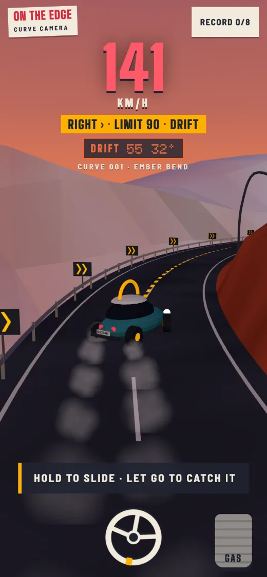 Drift mode: the car sliding sideways through the curve at 141 km/h, tyre smoke behind it, the live readout DRIFT 57 31°, and the line HOLD TO SLIDE · LET GO TO CATCH IT.