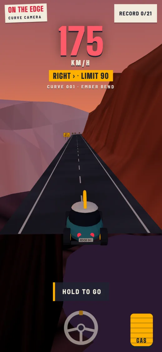 The first screen: the canyon road at dusk, a small teal car with a yellow roof hoop, the day's limit, and HOLD TO GO.
