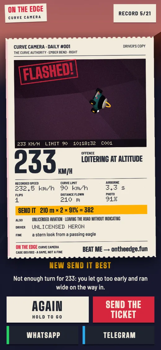 The ticket prints: the photo, 233 km/h, the offence LOITERING AT ALTITUDE, the SEND IT sum, and the buttons AGAIN and SEND THE TICKET.