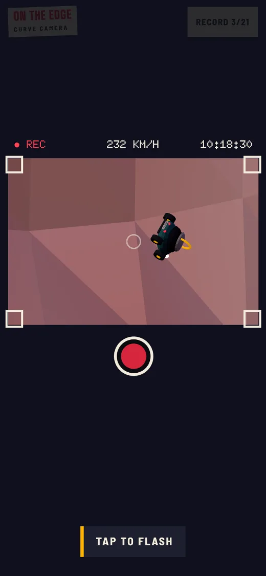 The Curve Camera's viewfinder: REC, 232 km/h, the car upside down in the air over the pink canyon wall, TAP TO FLASH.