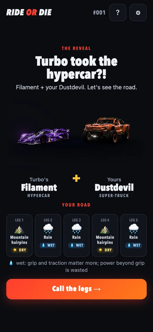 The reveal: 'Turbo took the hypercar?!' The two cars side by side, and the five legs of the road.
