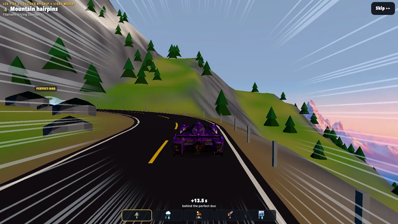 The race in 3D: a purple hypercar on a mountain road between pine trees and snowy peaks.