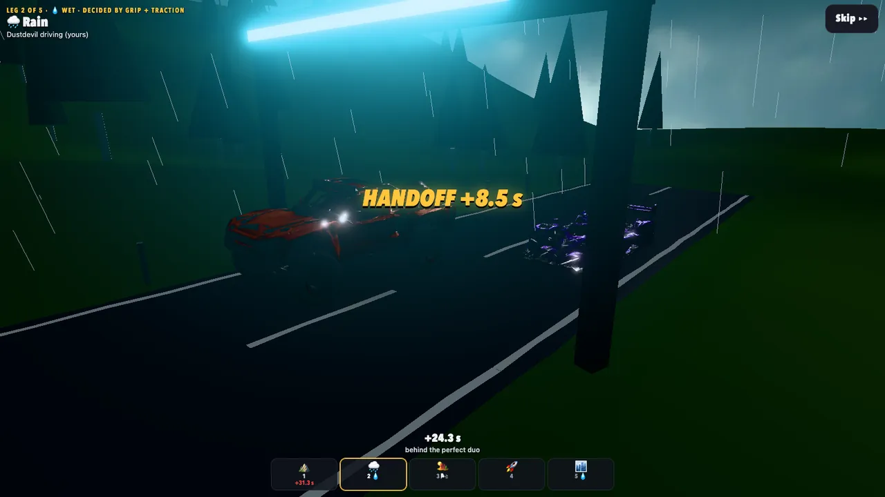 The race in 3D: the handoff between the two cars in the rain, with 'HANDOFF +8.5 s' on screen.