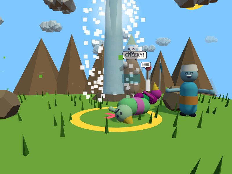 A group hug gone wrong: two characters flat on the ground, one still standing with arms out.