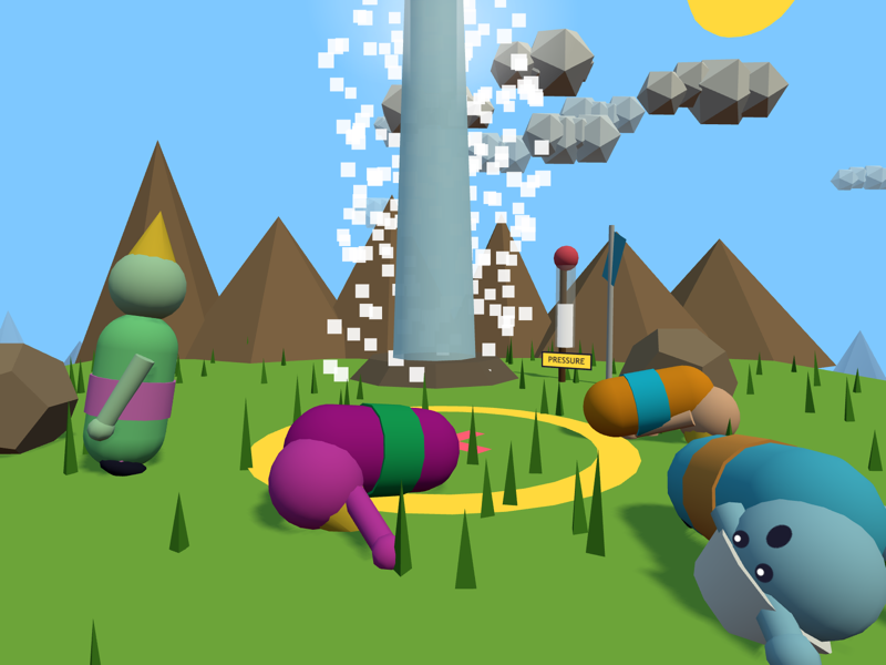 Everyone lying face-down on the grass in front of the erupting geyser.