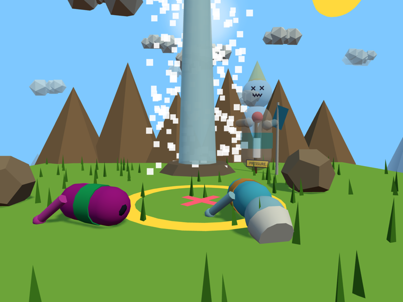 Two characters face-down on either side of the X while a ghost hovers by the geyser.