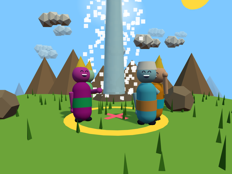 The crew smiling on the X while the geyser erupts behind them.