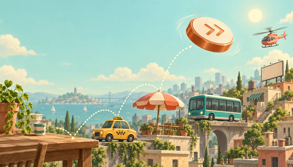 A copper puck skips over a table, yellow taxi and coral umbrella toward a teal bus, rooftops and a helicopter in a mint-green sky.