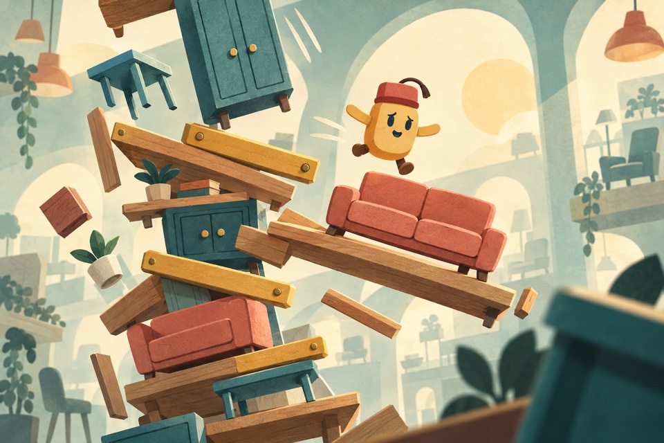Pip, a small yellow toy in a red cap, hopping toward a coral sofa among tumbling teal cabinets and wooden beams.