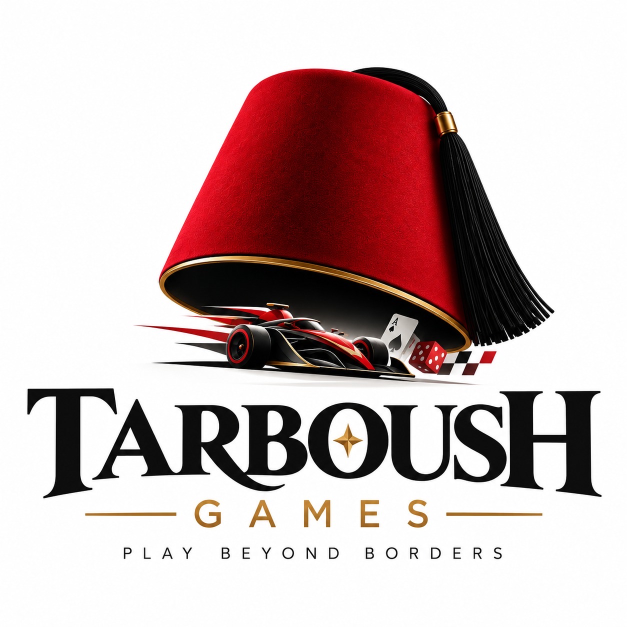 Tarboush Games studio logo, with a red tarboush and the words Play Beyond Borders.